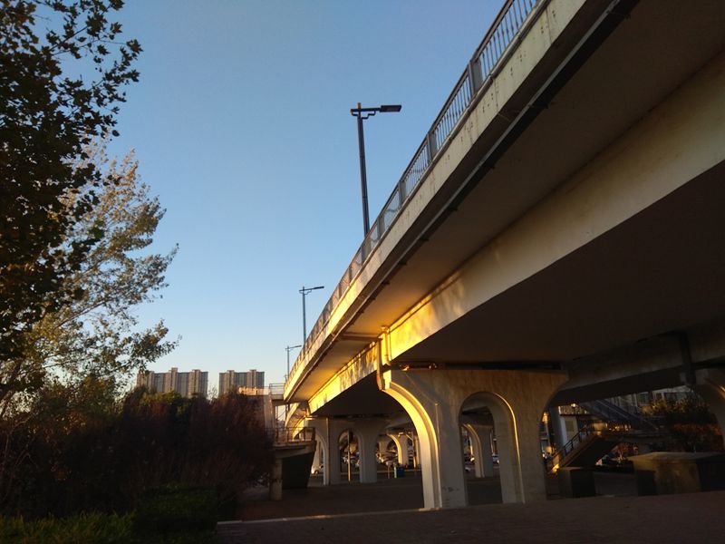 手机拍摄；夕阳余辉照大桥，仰看形成一线天8.jpg